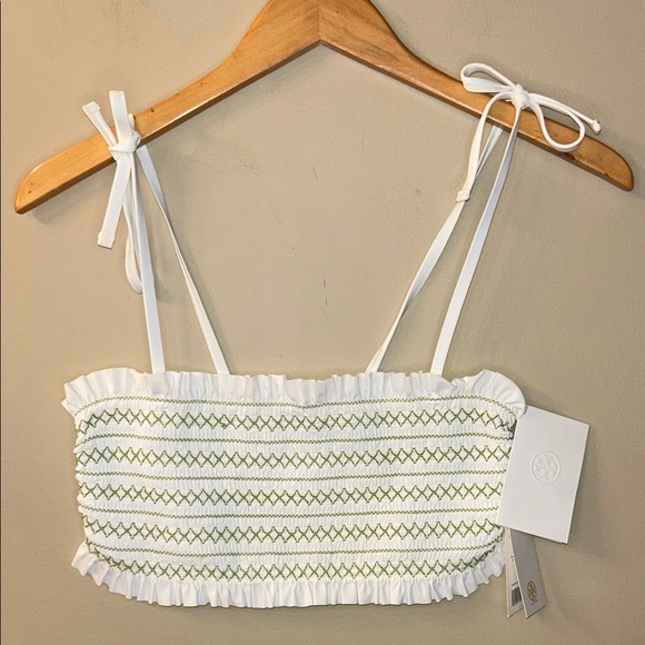 Tory Burch Costa Green & White Smocked Bandeau Bikini Top Size M - Picture 1 of 8
